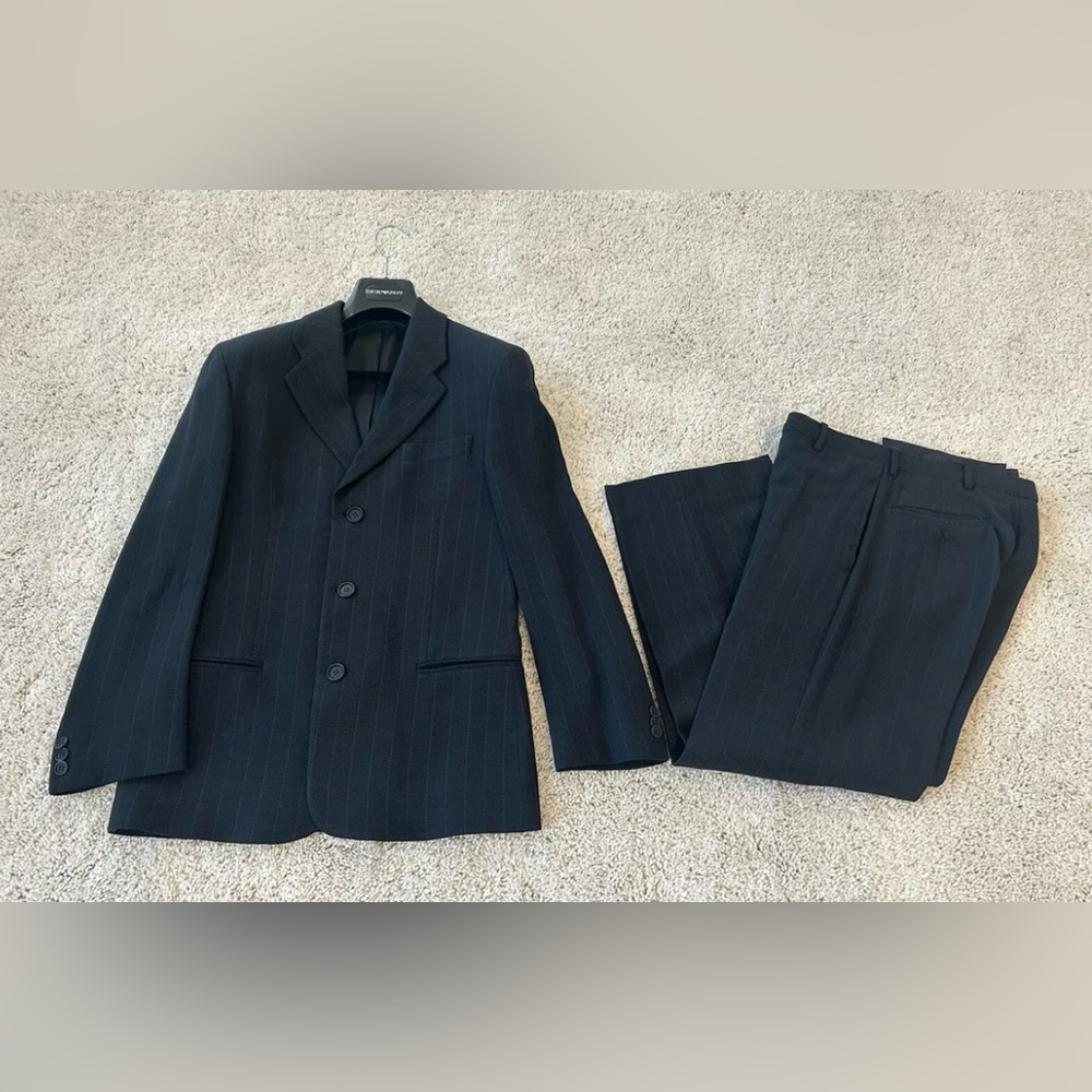 Men’s Emporio Armani Black Striped Suit w/Original Hanger & Bag Size 36/46
